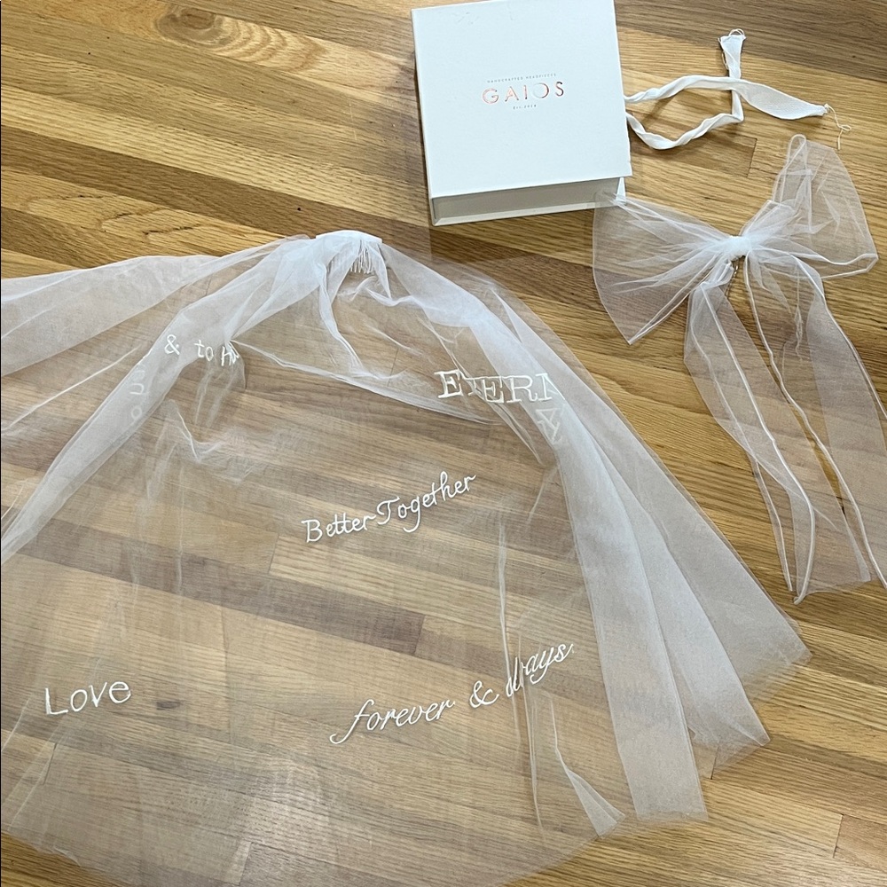 White Gaios Tulle bridal Veil with Text Embellishments, and Bow hairpiece